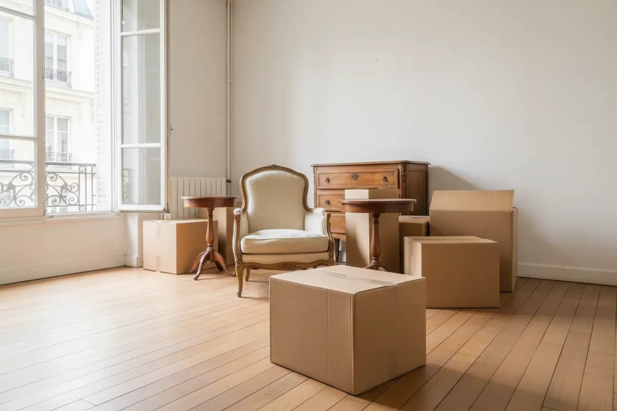 Meubles et cartons regroupés dans une pièce pour estimer le volume d'un débarras
