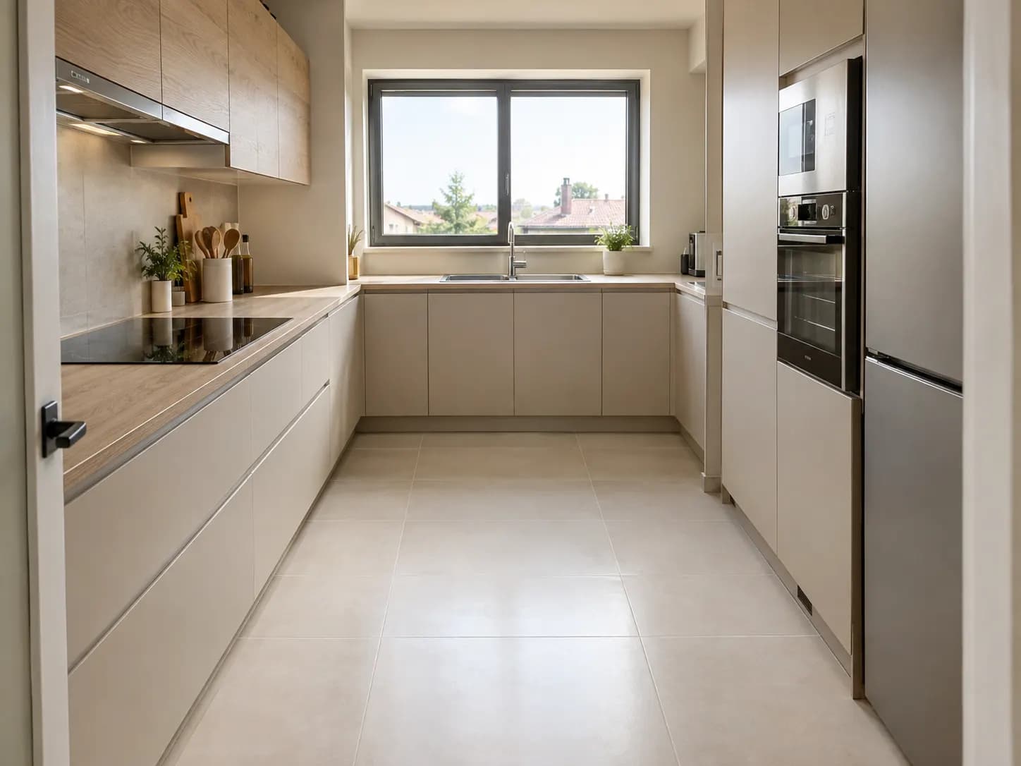 Cuisine en fin de chantier nettoyée, plan de travail et sol dégagés