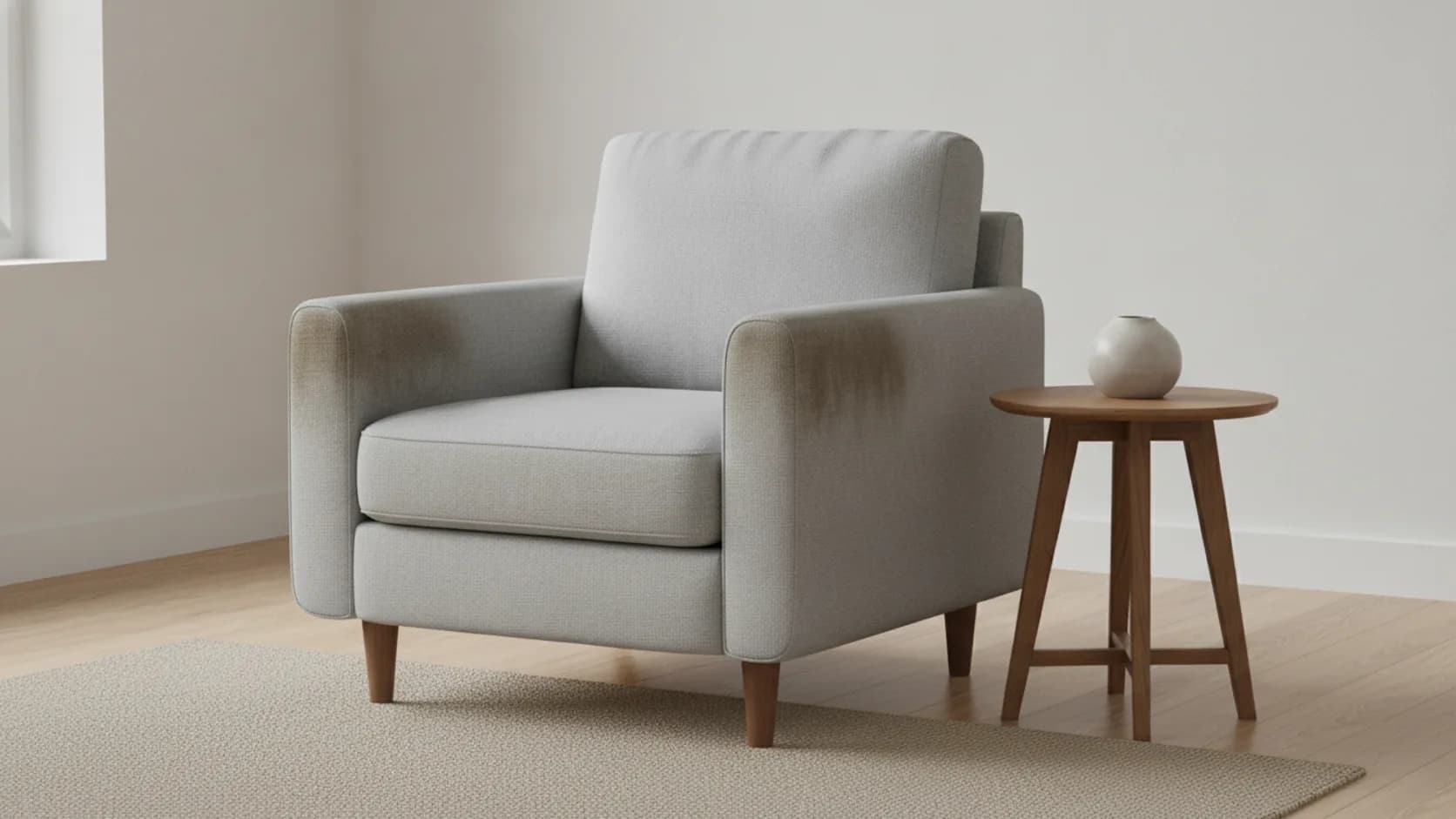 Fauteuil en tissu encrassé aux accoudoirs avant nettoyage