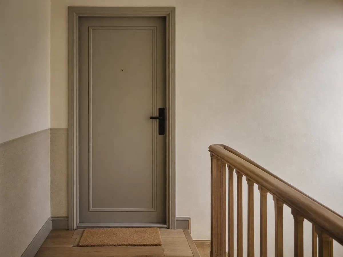 Palier d'immeuble ordinaire et propre devant une porte d'appartement fermée, vue depuis l'escalier