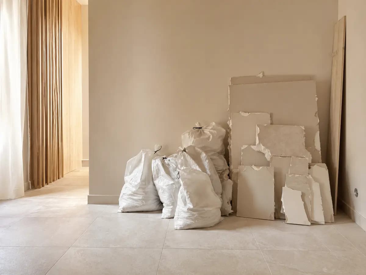 Sacs de gravats et chutes de matériaux laissés dans un logement après un chantier