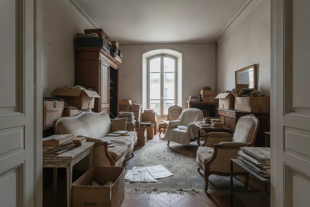 Pièce encombrée de meubles et de cartons avant un débarras de maison