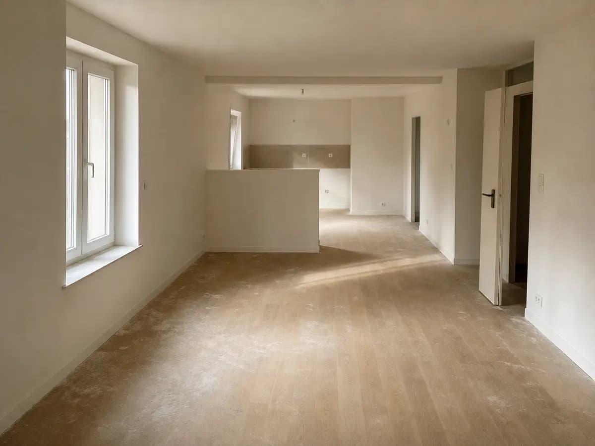 Pièce après travaux couverte de poussière, avant le nettoyage de fin de chantier
