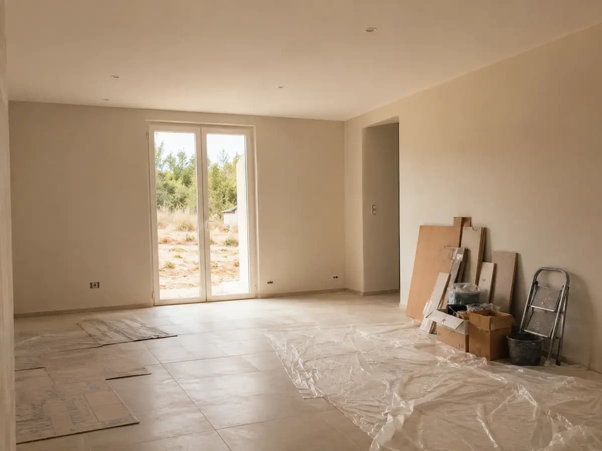 Logement en fin de travaux, protections et chutes de matériaux encore au sol avant le nettoyage