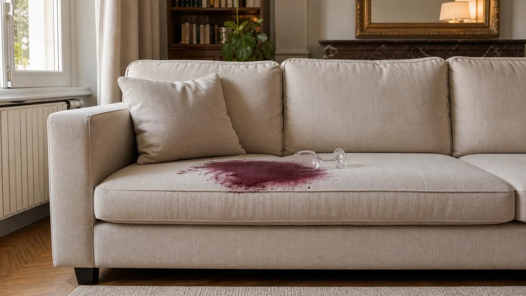 Tache de vin rouge sur un canapé en tissu clair