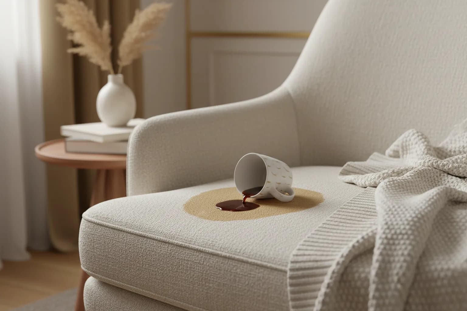 Tasse de café renversée sur l'assise d'un fauteuil en tissu clair