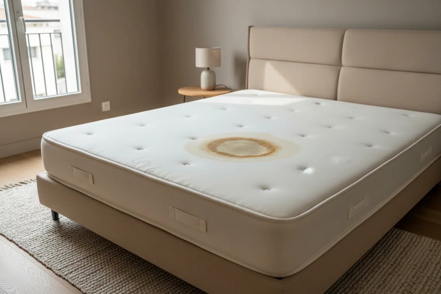 Auréole jaune séchée au centre d'un matelas nu