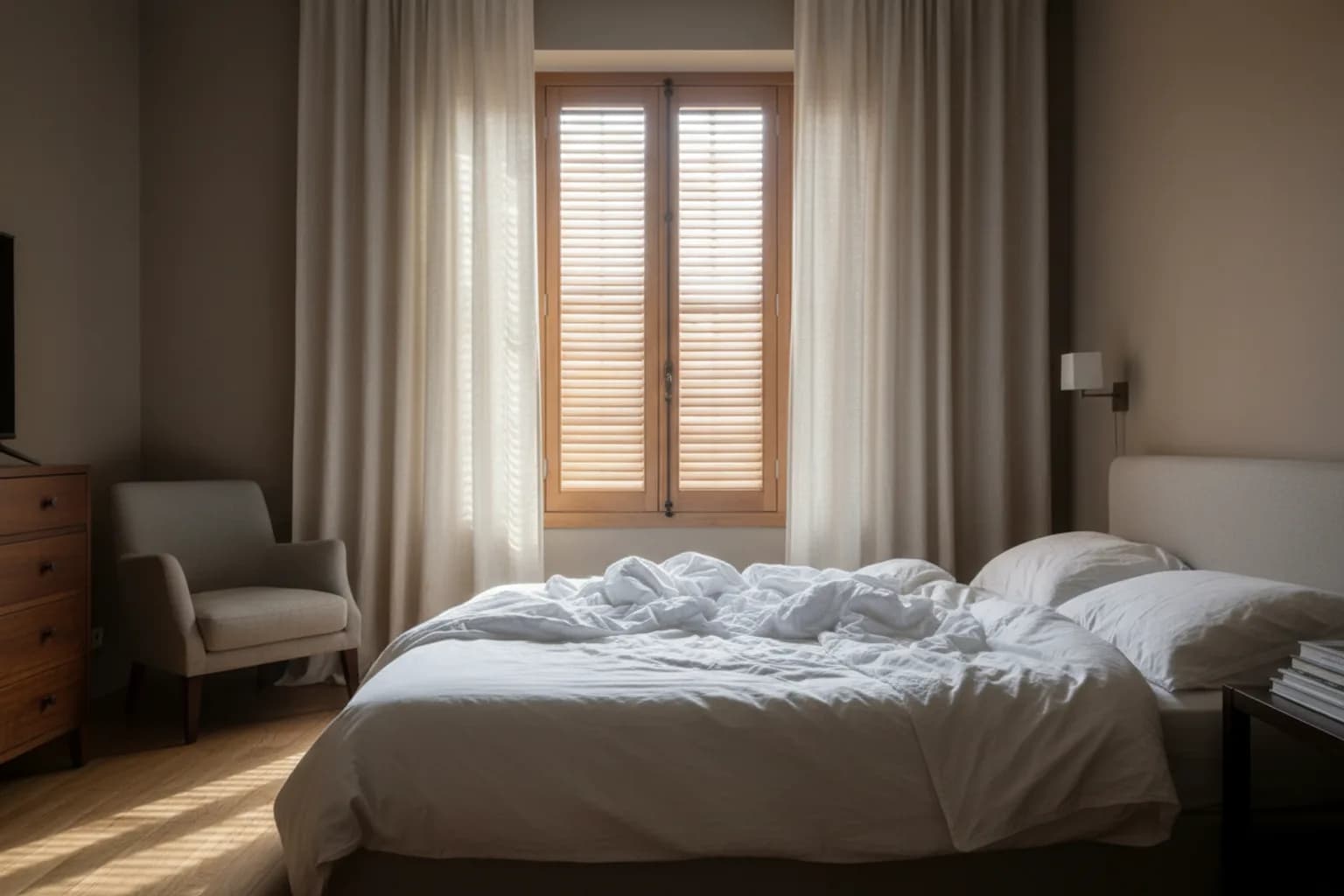 Chambre aux volets fermés, lit défait, pièce non aérée