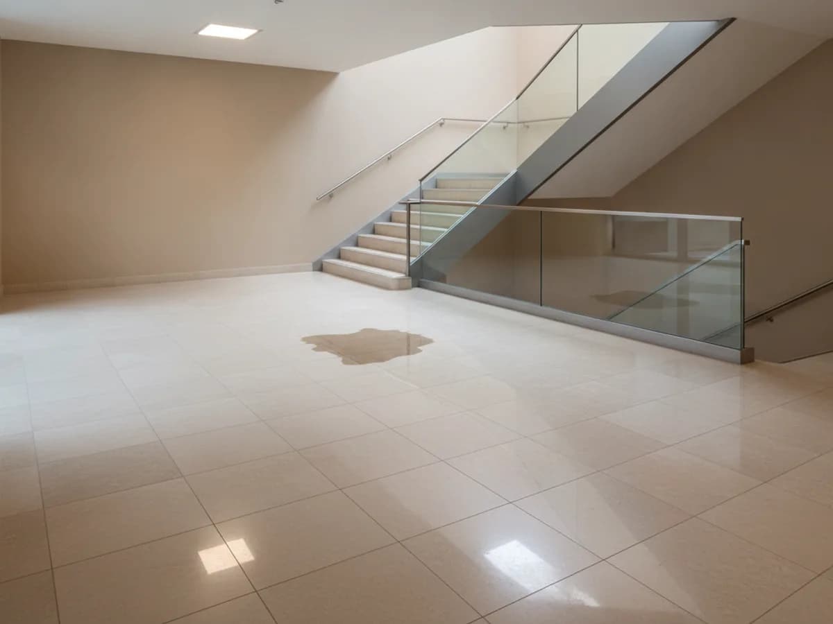 Hall d'entrée avec une zone de sol légèrement humide près d'un escalier, illustration