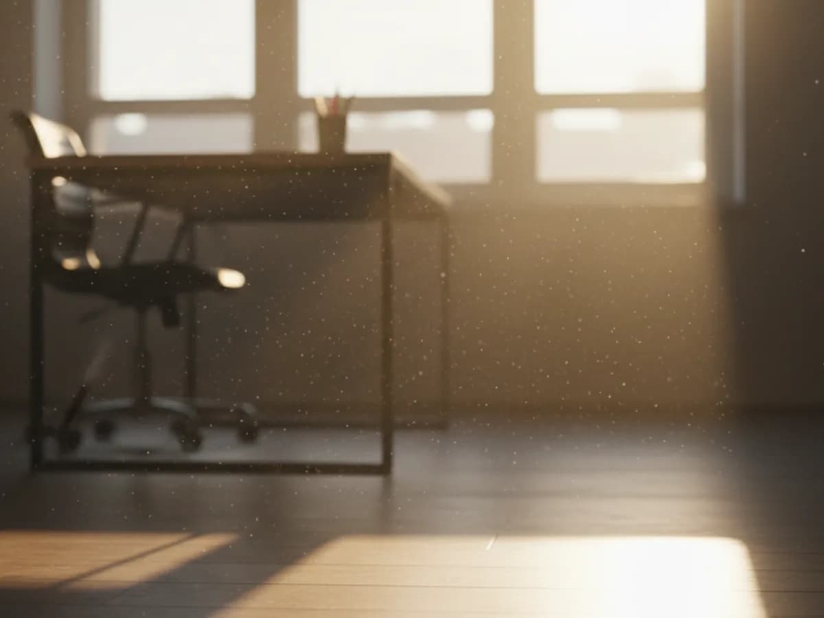 Poussière visible dans un rayon de lumière traversant un bureau, illustration