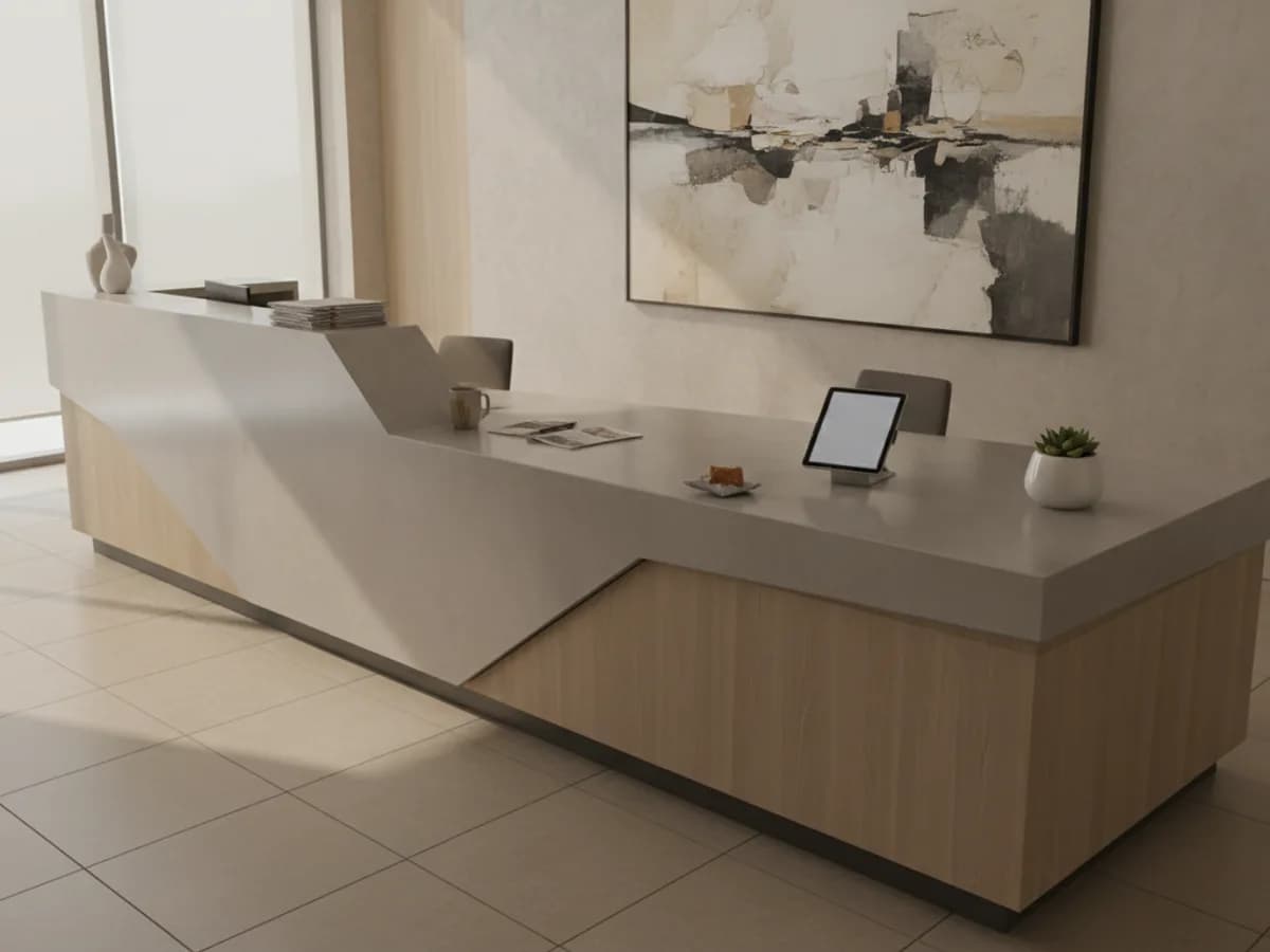 Accueil de bureau vu depuis l'angle d'un visiteur, illustration
