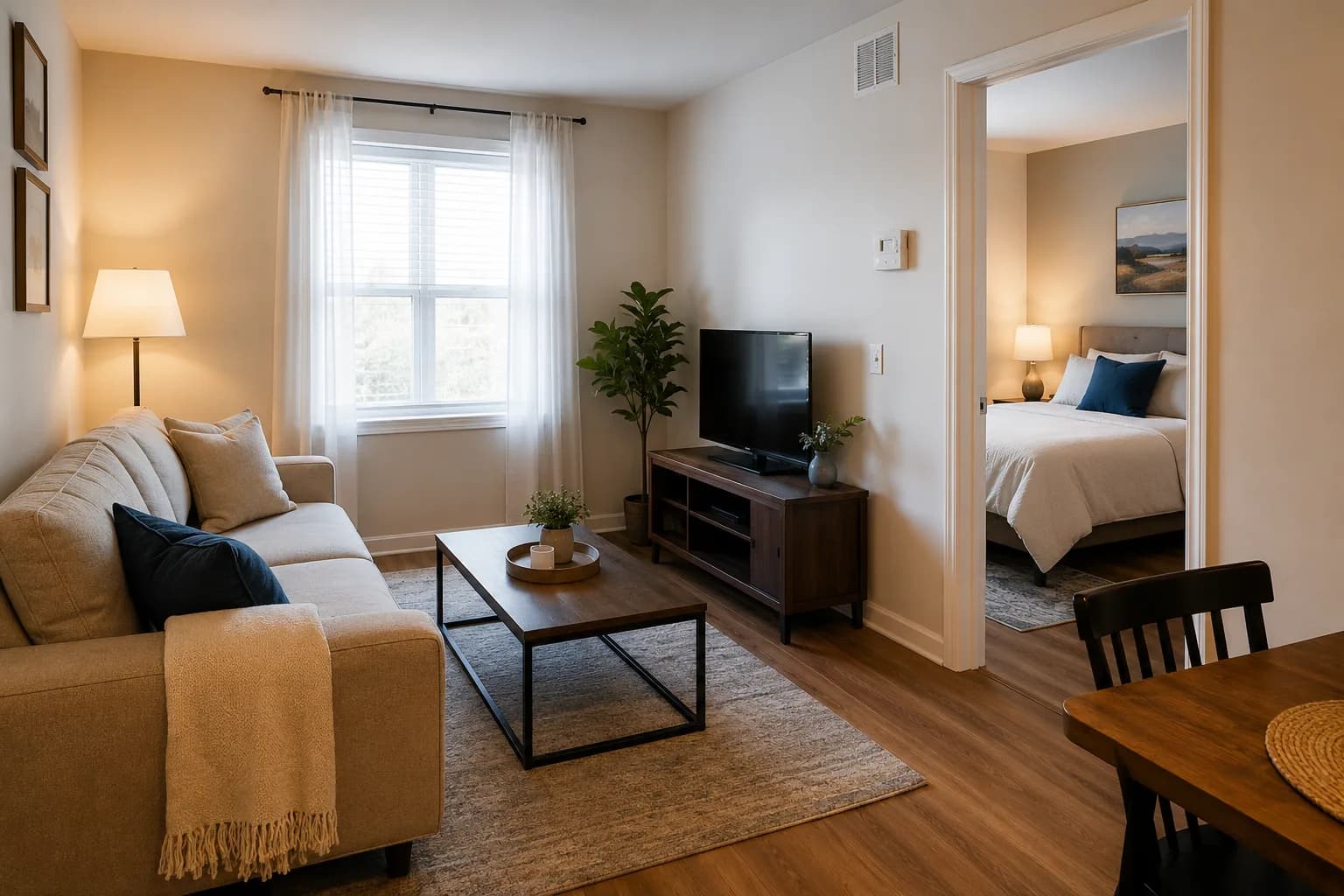 Salon d'un logement meublé prêt pour l'arrivée suivante, canapé en tissu et coussins en place