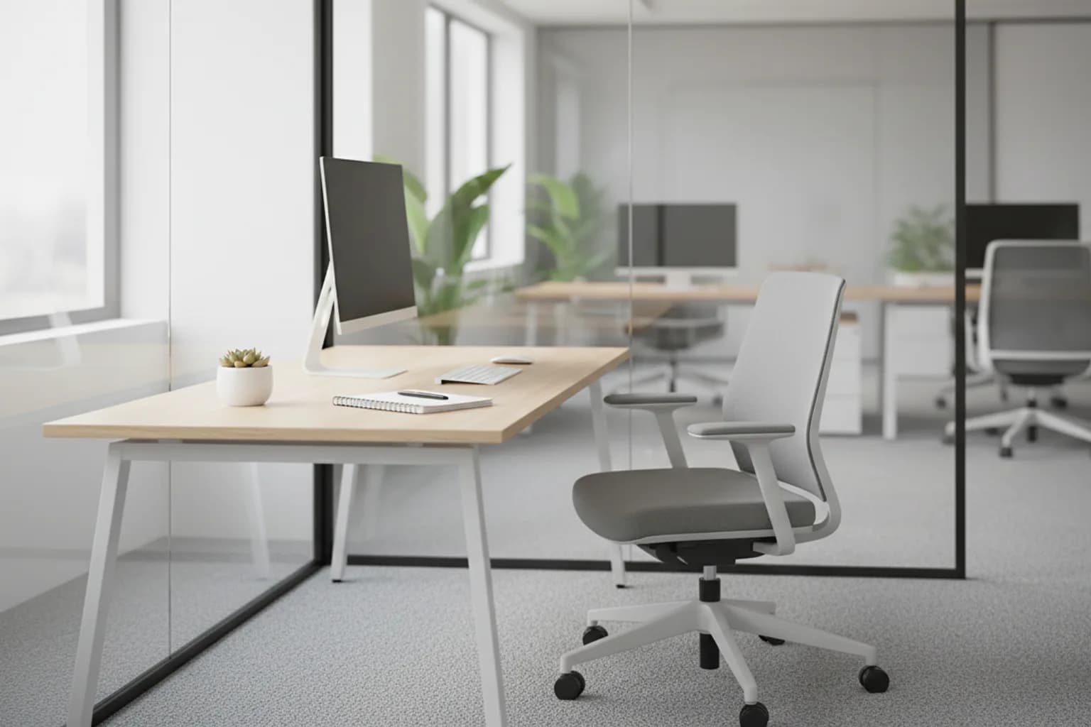 Bureau moderne avec cloison vitrée et poste de travail rangé, illustration