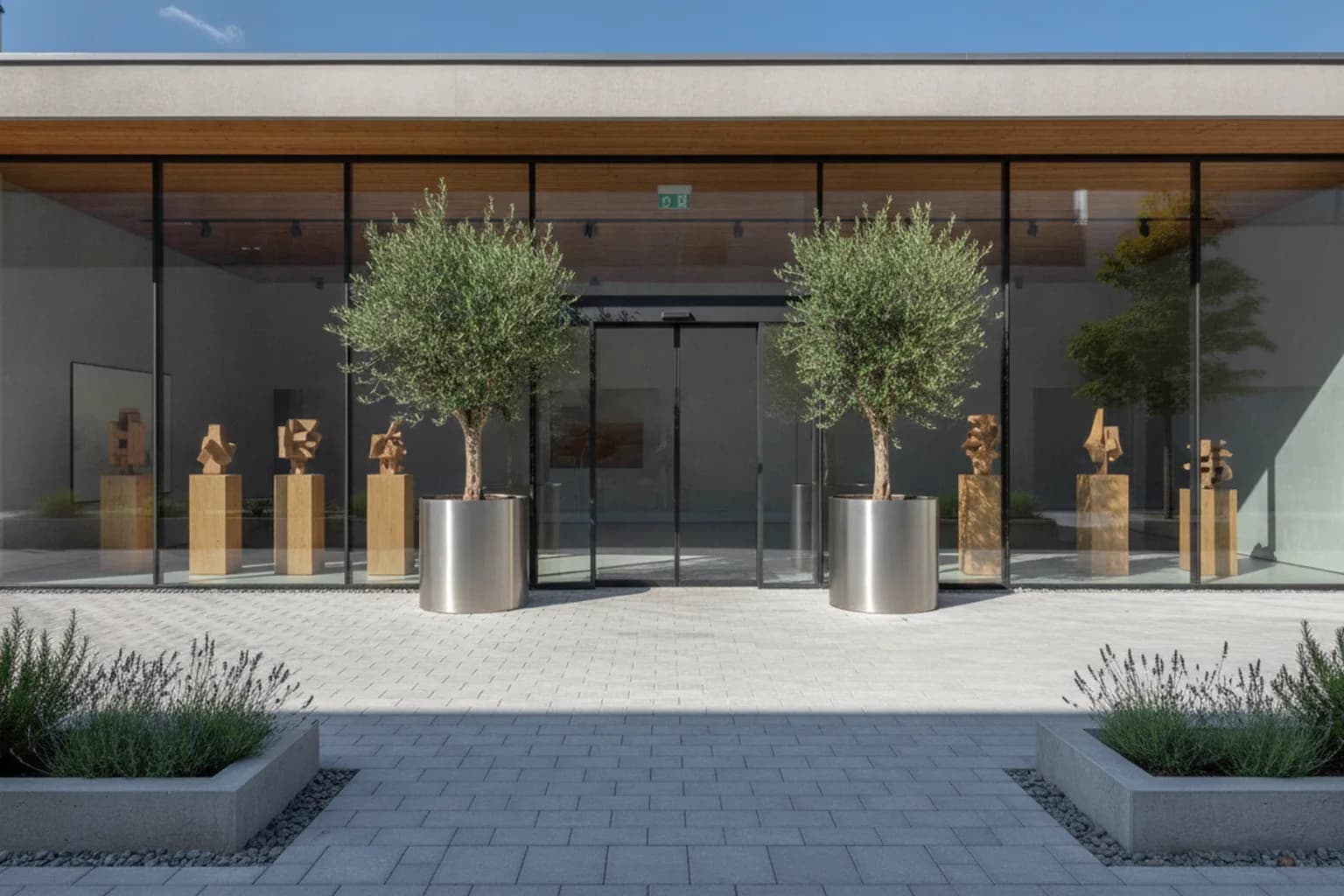 Entrée de plain-pied avec vitrine accessible depuis le sol et allée pavée, illustration
