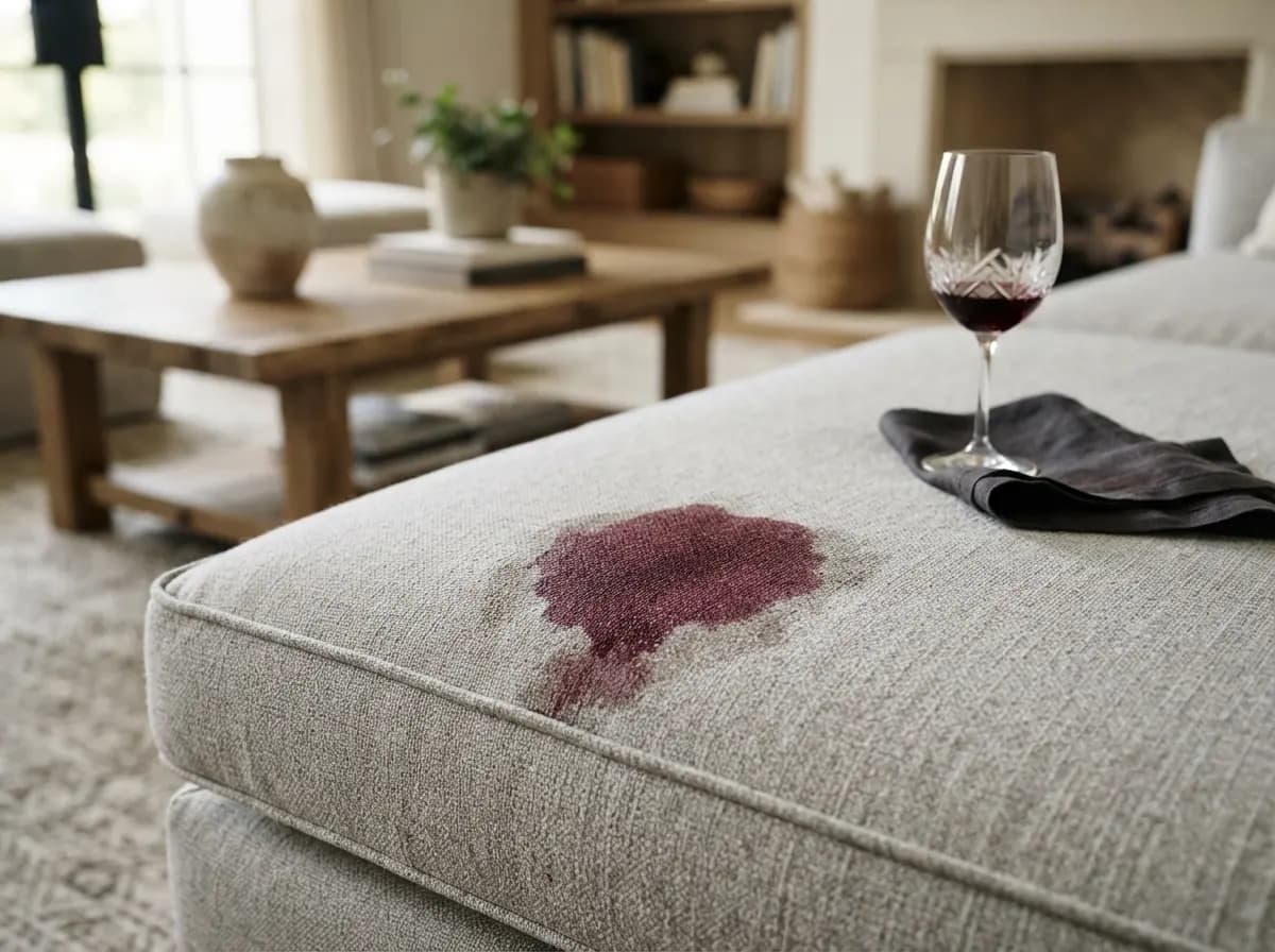 Tache de vin rouge sur l'assise d'un canapé en tissu