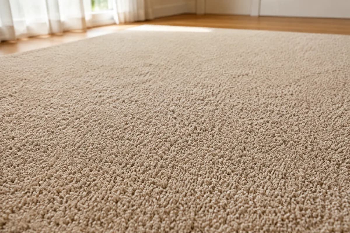 Tapis beige vu au ras du sol, velours uniforme sans chemin marqué
