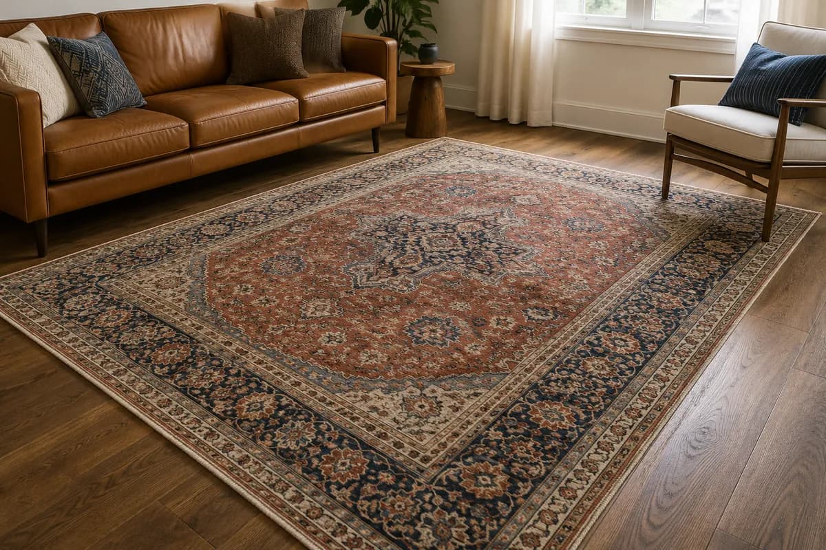 Tapis à motifs sur parquet, propre et sans tache