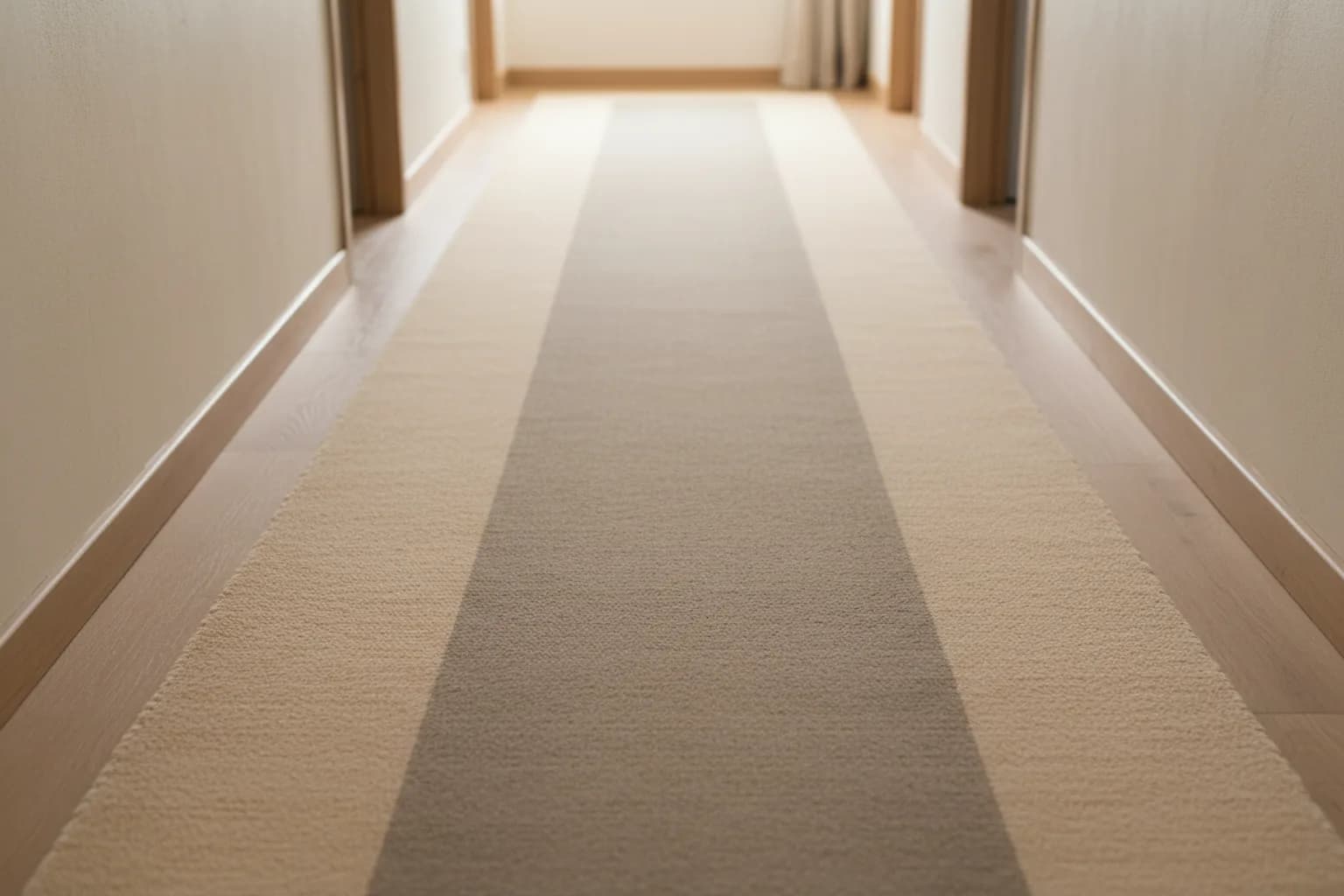 Tapis de couloir dont la bande centrale est ternie par le passage