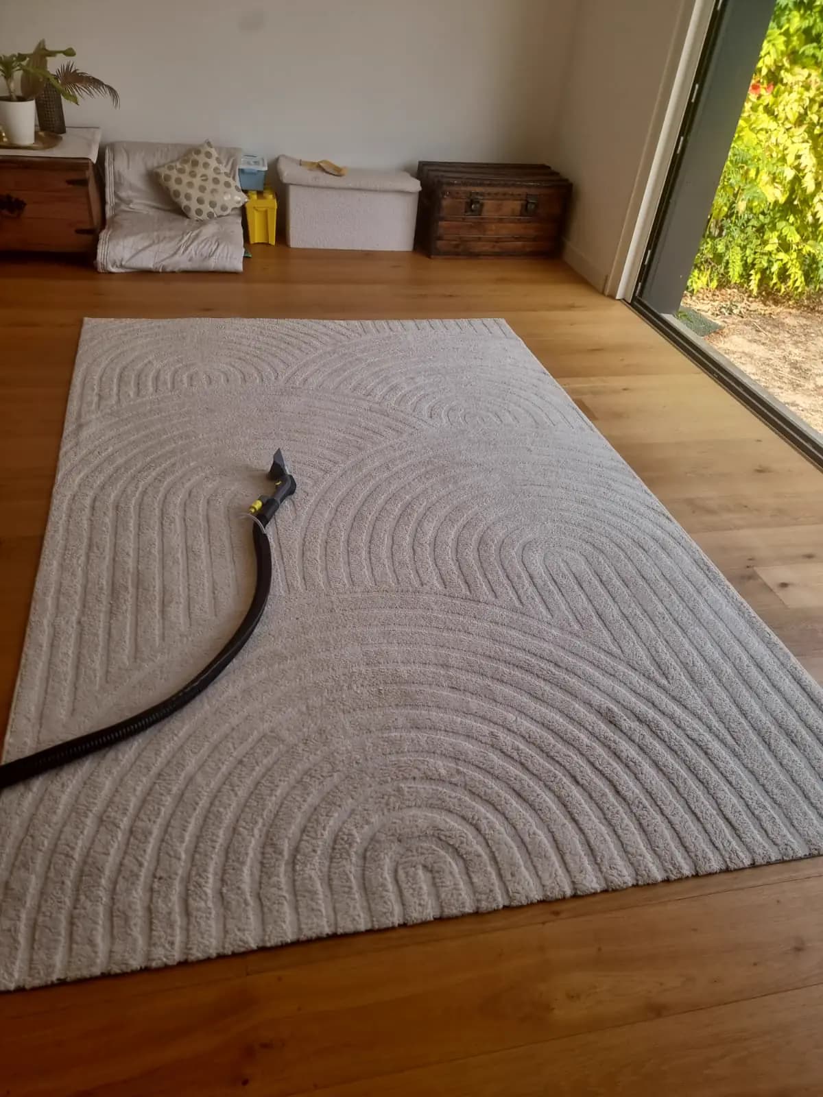 Tapis clair à motif en relief sur un parquet, avant nettoyage, flexible de la machine dessus