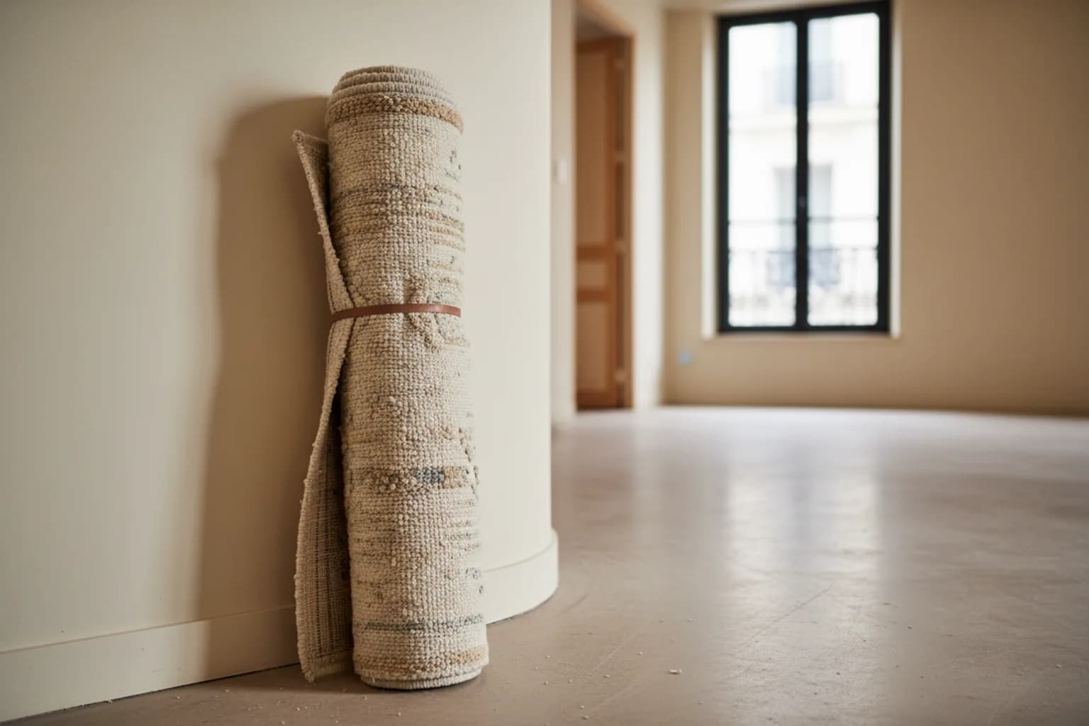 Tapis roulé et rangé debout contre un mur dans une pièce vide