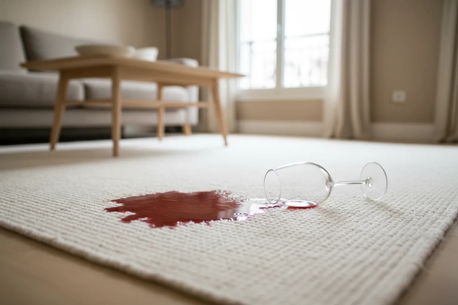Tache de vin rouge au centre d'un tapis clair, verre renversé à côté